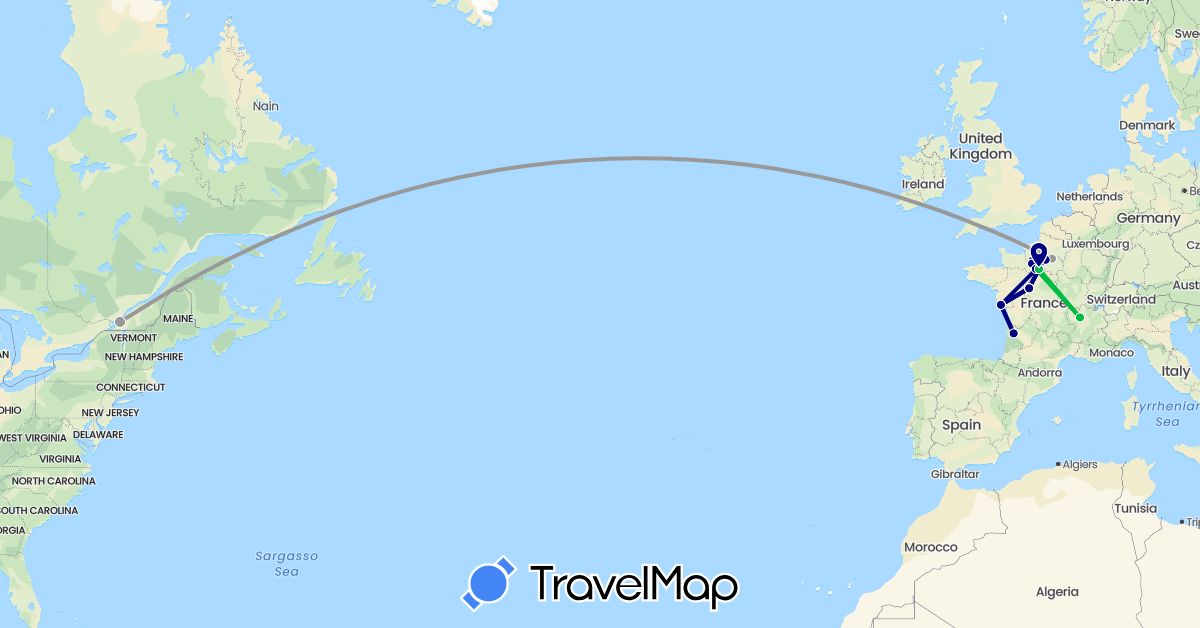 TravelMap itinerary: driving, bus, plane in Canada, France (Europe, North America)